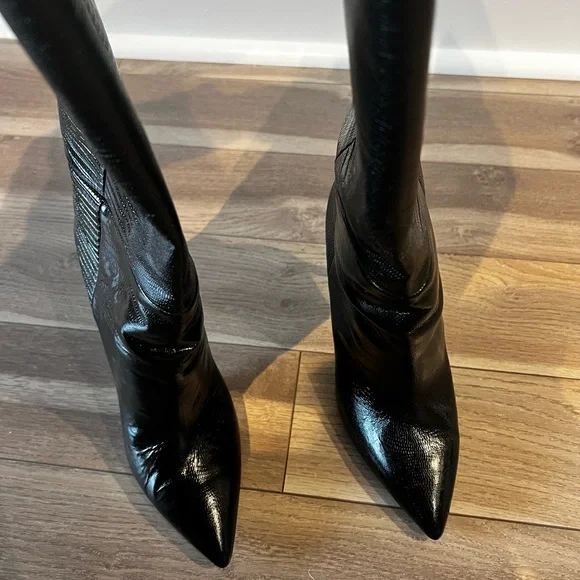 Paris Texas Black Lizard Skin Effect Textured Knee High Heeled Boots 105mm SZ 40 - Picture 4 of 5
